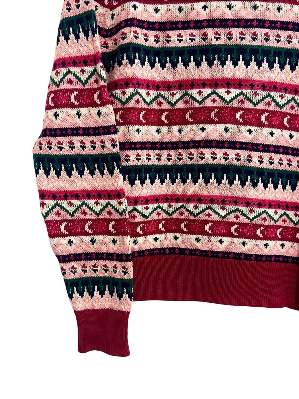 J. Crew Pink & Green Fair Isle Cotton Crewneck Sweater